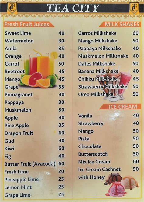 Menu at Tea City, Chennai, Kamakshi Amman St