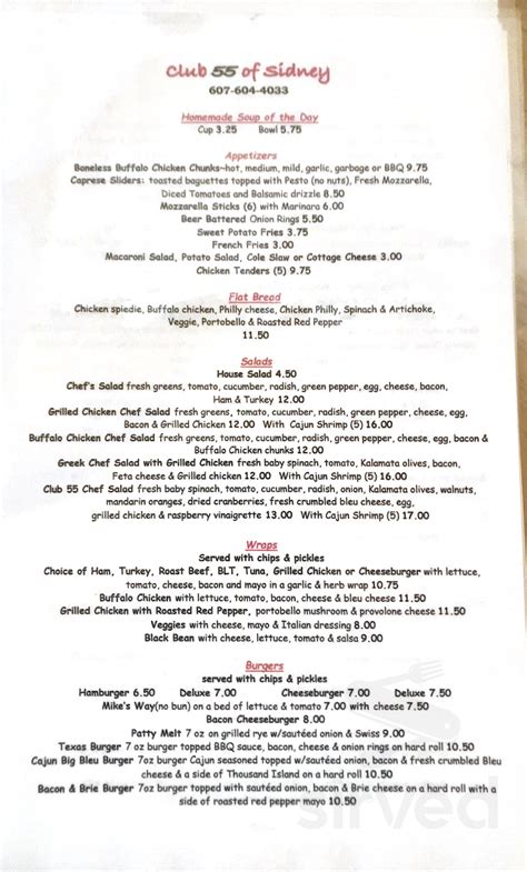 Menu for Club 55 in Sidney, NY | Sirved