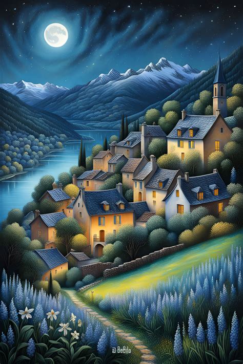 Idyllic Alpine Villages at Moonlit Night - Mountain Painting