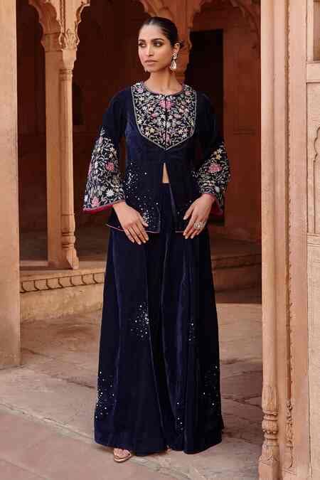 Buy Blue Velvet Sequins, Beads Round Neck Embroidered Jacket And ...