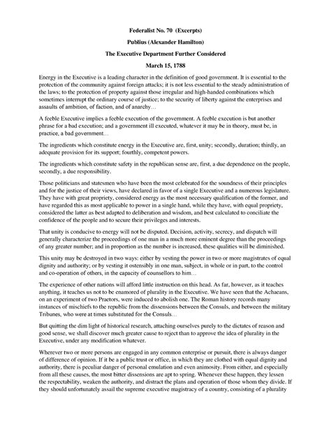 Federalist 70 Summary