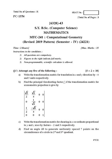 S.Y. B.Sc. (Computer Science) MTC 241: Computational Geometry Exam ...