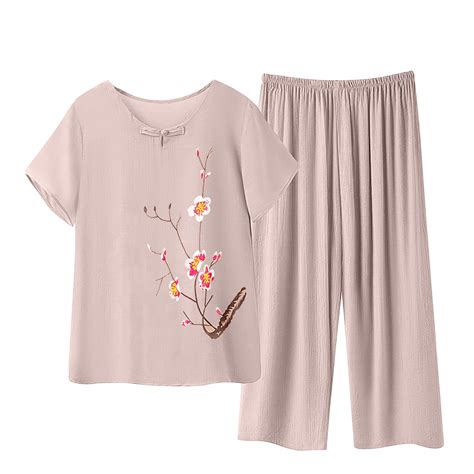 EchfiProm Sleepwear for Women Pajama Set Khaki Short Sleeve Shirts ...