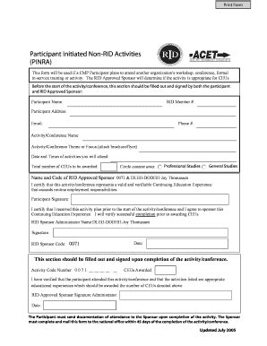 Participant Initiated Non-RID Activities Form - Blank Fillable Template ...