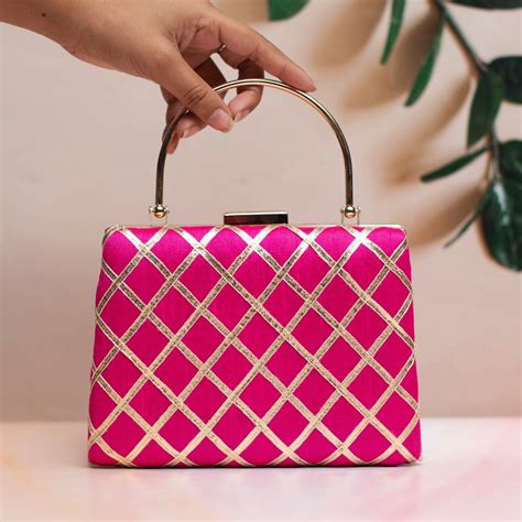Magenta Pink Gota Patti Fabric Clutch - Artklim