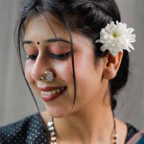 Buy Silver CZ Nath Floral Nose Ring (Left, Pierced) | House of Aadyaa