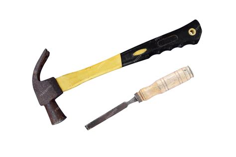 Old hammer and chisel with rusty isolated on white background object ...