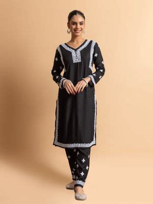 Buy HOUSE OF KARI Fizaa's Chikankari Rayon Kurta & Pant for Women Black ...