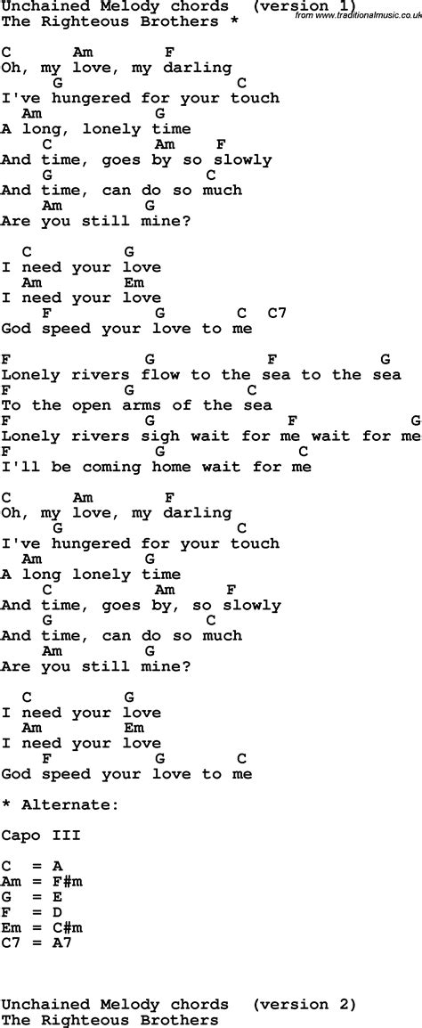 Song lyrics with guitar chords for Unchained Melody - The Righteous ...