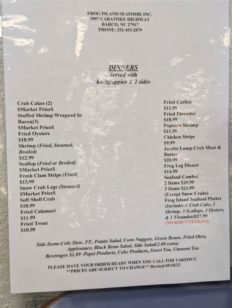 Menu at Frog Island Seafood Inc restaurant, Barco