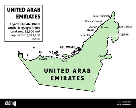 United Arab Emirates (UAE) map. Outline vector country map with main cities and data table Stock ...