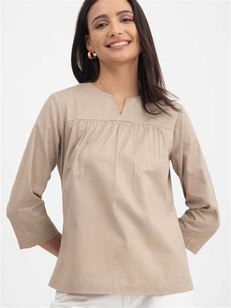 Buy Beige Linen Gather Detail Top Online | FableStreet
