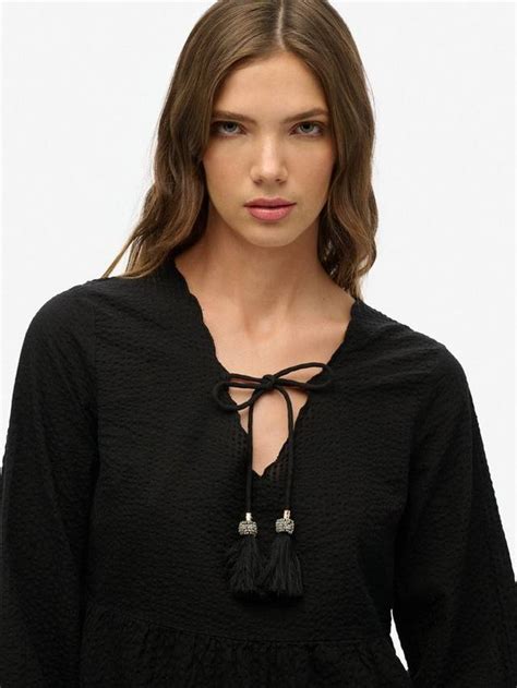 Superdry Broderie Tiered Mini Dress, Black