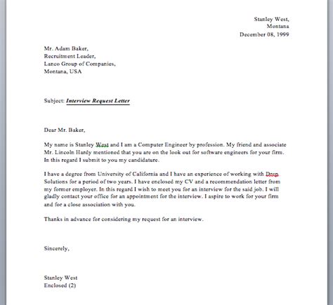 Image result for Interview Request Letter Sample