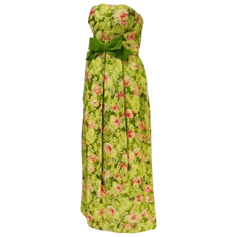 1960s I. Magnin Apple Green and Pink Floral Empire Waist Evening Dress ...