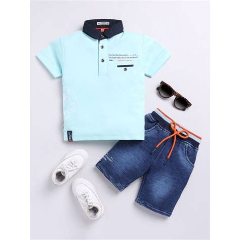Buy Hopscotch Boys Aqua & Navy Text Print Polo T-Shirt & Shorts Set Online
