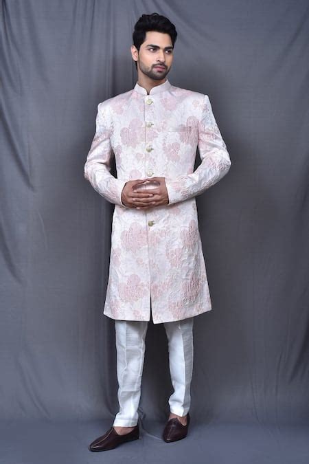 Buy Pink , Satin Embroidery Floral Print Sherwani Set For Men by ...