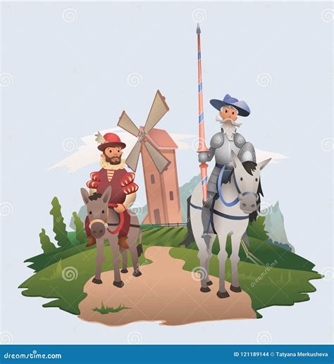 Don Quixote and Sancho Panza Riding on Windmill Background. Book ...