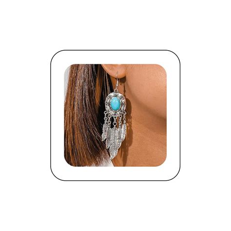 Andelaisi Boho Turquoise Leaf Drop Earrings Silver Tribal Feather ...