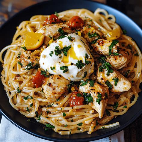 Chicken Spaghetti with Burrata and Lemon Butter Garlic Sauce ...