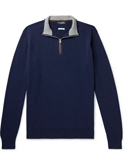 Peter Millar - Suede-Trimmed Cashmere-Blend Half-Zip Sweater - Blue ...