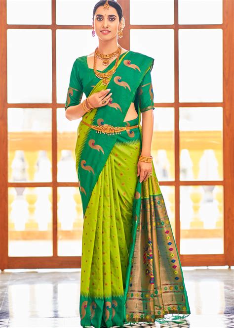 Zari Booti Woven Yeola Paithani Leaf Green Saree – SHANGRILA DESIGNER