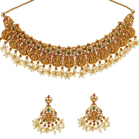 Cluster Faux Pearls and Zircons Adorned Brass Gold Toned Temple Jewell ...