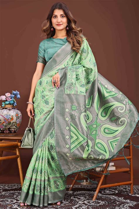 Sophisticated Zari Woven Green Linen Cotton Saree With Graceful Tassel