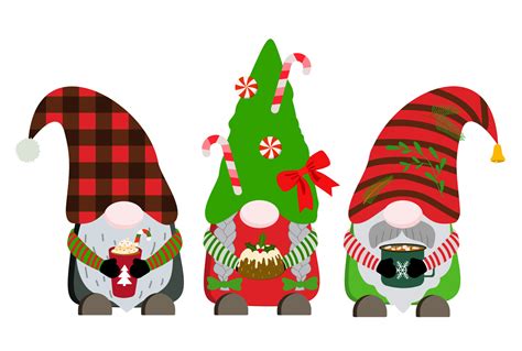 Cartoon Christmas holiday gnomes holding hot winter drinks and cake ...