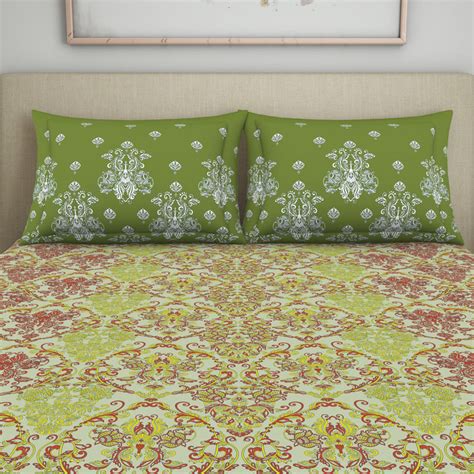 Buy SPACES Seasons Best Green Printed Cotton Queen Bedsheet Set ...