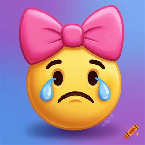 Sad crying emoji with a pink bow on its head. on Craiyon