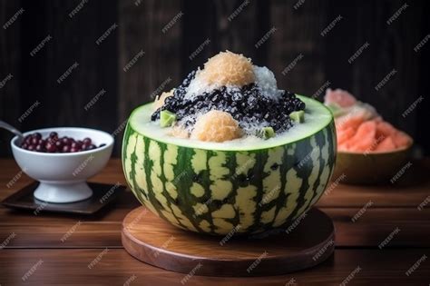 Premium Photo | Ice melon bingsu famous korean icecream