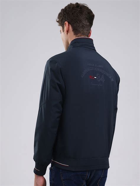 Buy Men Navy Blue Solid Stand Collar Full Sleeve Jacket Online in India ...