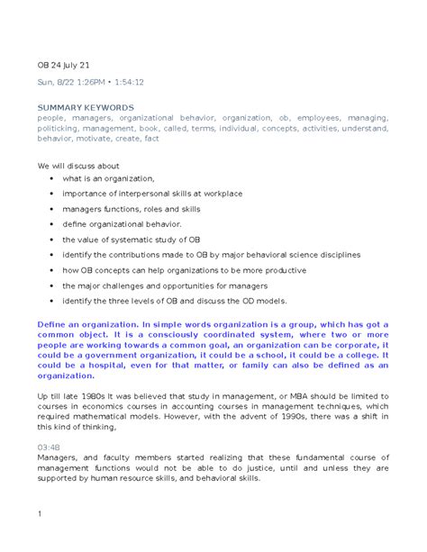 #001 24 July 21 OB Organizational Behavior - OB 24 July 21 Sun, 8/22 1 ...