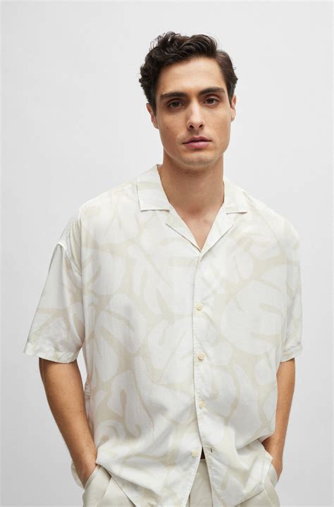 BOSS - Relaxed-fit shirt in seasonal print with camp collar - Light Beige