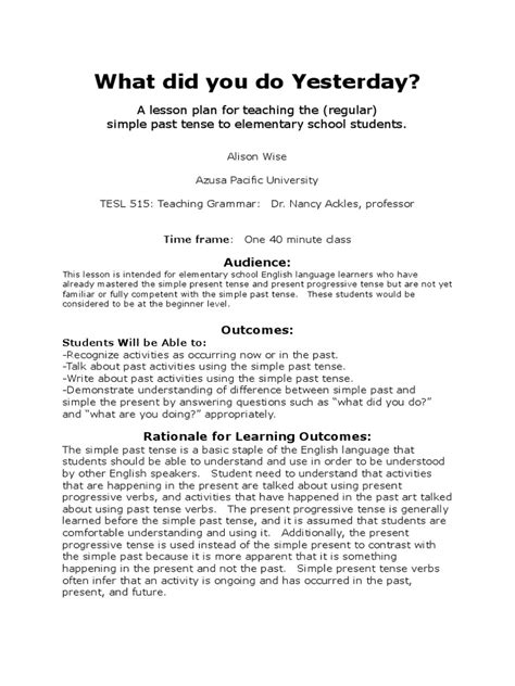 Teaching Simple Past Tense Lesson Plan 的图像结果