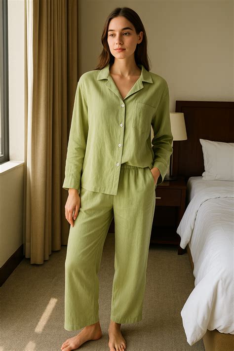 Light Green Cotton Pajama Set for Women – Long Sleeve Button-Down ...