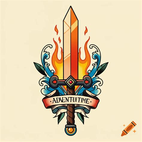 Traditional tattoo style illustration of a sword with flames and waves ...