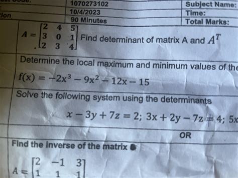 A = [[2, 4, 5], [3, 0, 1], [2, 3, 4]] Find determinant of matrix A and ...