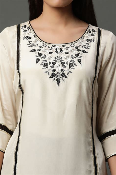 Buy Beige Embroidered Thread Work Rayon Straight Kurta and Trouser Set ...