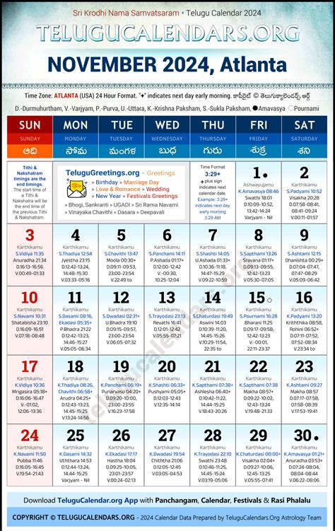 Atlanta Telugu Calendar 2025 November | Calendar Printable