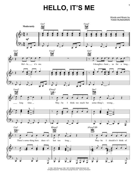 Hello, It's Me by Todd Rundgren Sheet Music for Piano, Vocal & Guitar ...