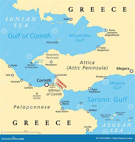 Corinth Canal, Artificial Waterway in Greece, Political Map Stock ...