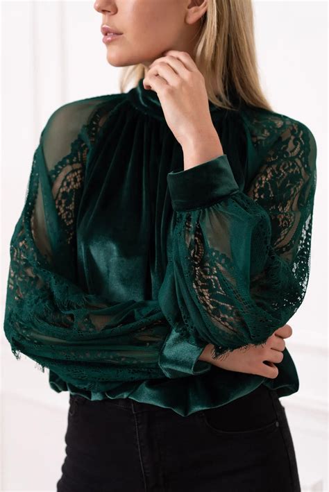 Juliet Romantic Velvet Blouse With Lace Sleeves | Green lace shirt ...