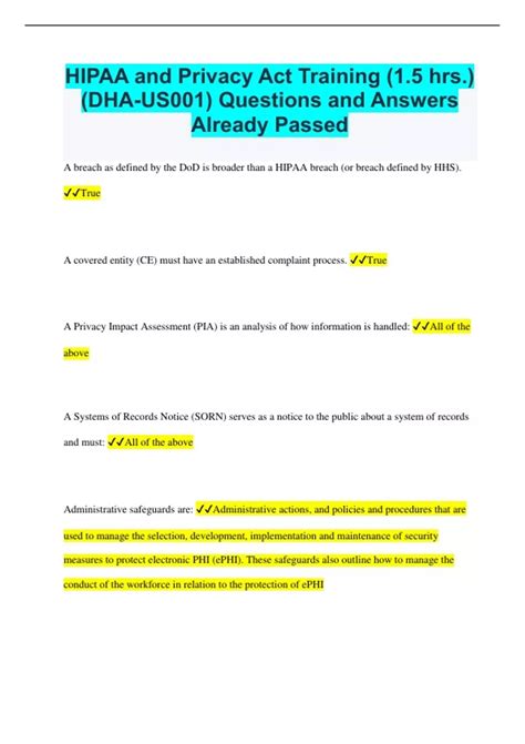 HIPAA and Privacy Act Training (1.5 hrs.) (DHA-US001) Questions and ...
