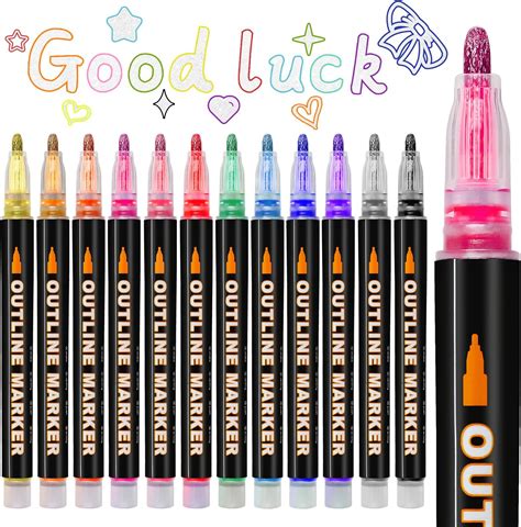 Gelanty Double Line Outline Marker Pens, 12 Colours Glitter Pens Metallic Marker Pens, Drawing ...
