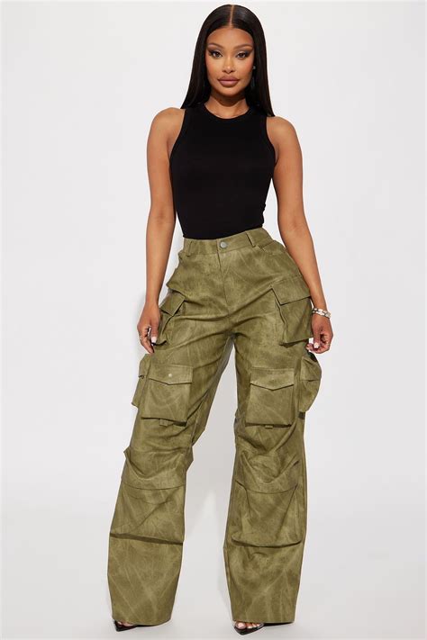 Women's Harvey Washed Faux Leather Cargo Pant in Olive Green Size 3X by ...