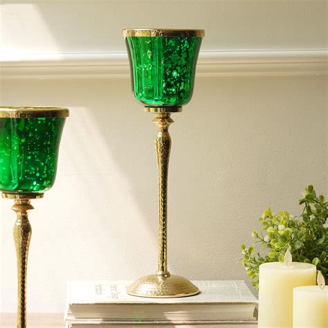 Buy Pure Home + Living Green Glass Hurricane with Hammered Base for ...
