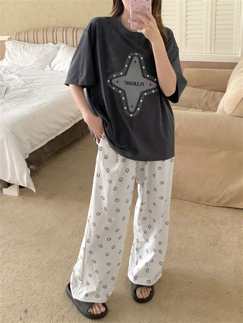 DAZY Star Print Loose Short Sleeve Top And All-Over Print Pants ...