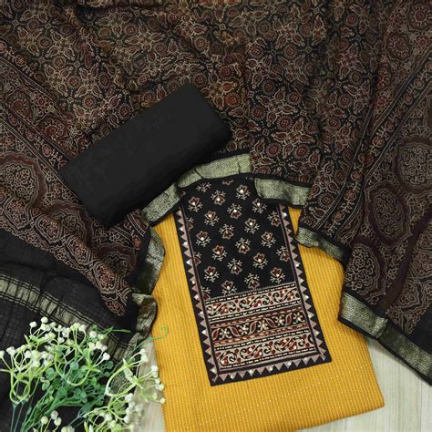 Rushna Sunflower Yellow Ajrak Printed Patch with Kantha Cotton Suit Se ...